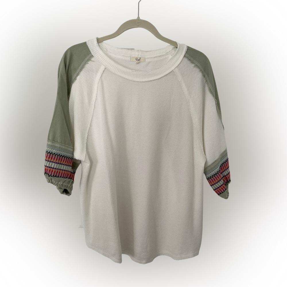 Easel White and Green Blouse with Pink Accents